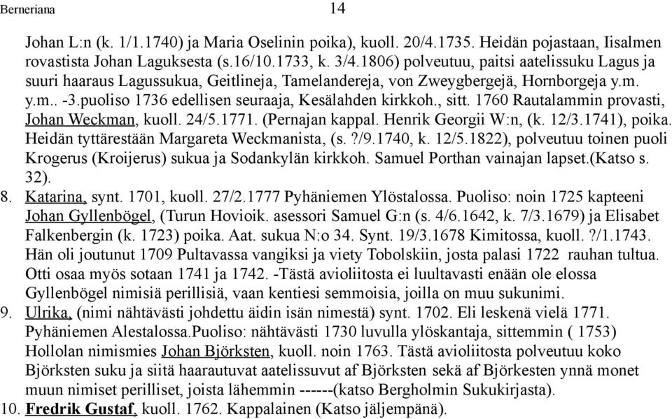 , sitt. 1760 Rautalammin provasti, Johan Weckman, kuoll. 24/5.1771. (Pernajan kappal. Henrik Georgii W:n, (k. 12/3.1741), poika. Heidän tyttärestään Margareta Weckmanista, (s.?/9.1740, k. 12/5.