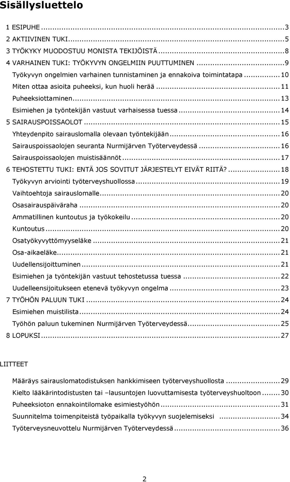 .. 13 Esimiehen ja työntekijän vastuut varhaisessa tuessa... 14 5 SAIRAUSPOISSAOLOT... 15 Yhteydenpito sairauslomalla olevaan työntekijään... 16 Sairauspoissaolojen seuranta Nurmijärven Työterveydessä.