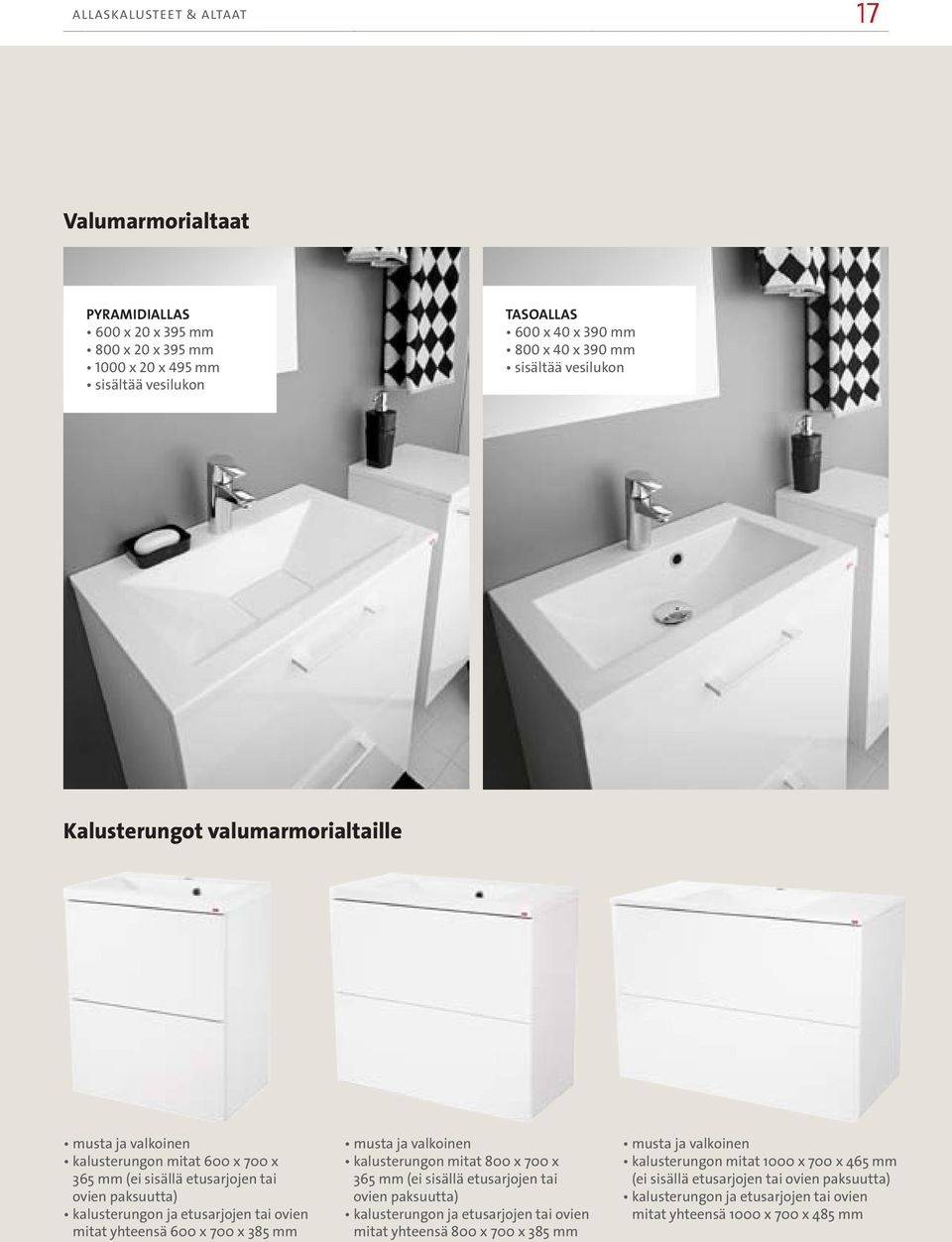 mitat yhteensä 600 x 700 x 385 mm musta ja valkoinen kalusterungon mitat 800 x 700 x 365 mm (ei sisällä etusarjojen tai ovien paksuutta) kalusterungon ja etusarjojen tai ovien mitat yhteensä