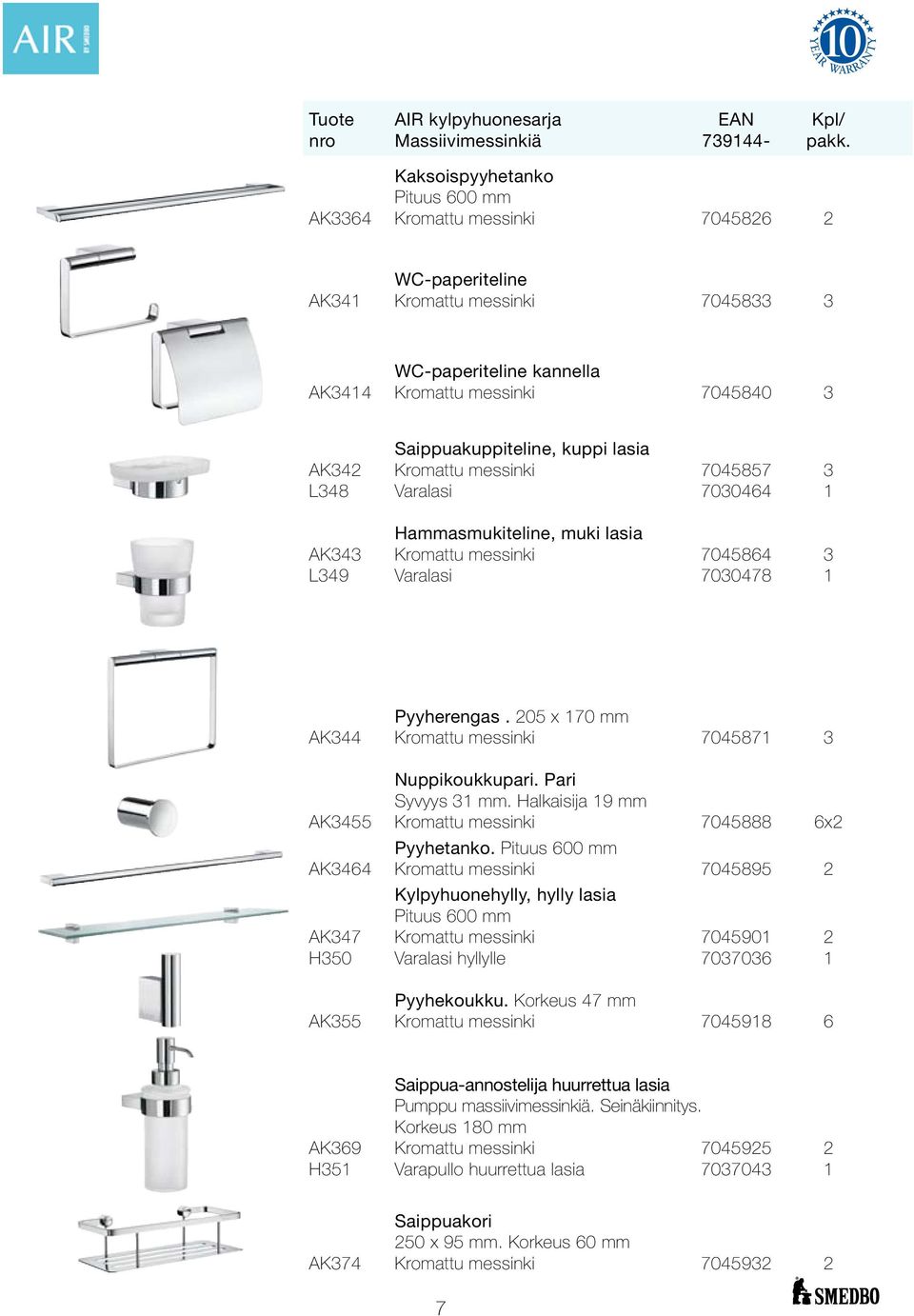 kuppi lasia AK342 Kromattu messinki 7045857 3 L348 Varalasi 7030464 1 Hammasmukiteline, muki lasia AK343 Kromattu messinki 7045864 3 L349 Varalasi 7030478 1 Pyyherengas.