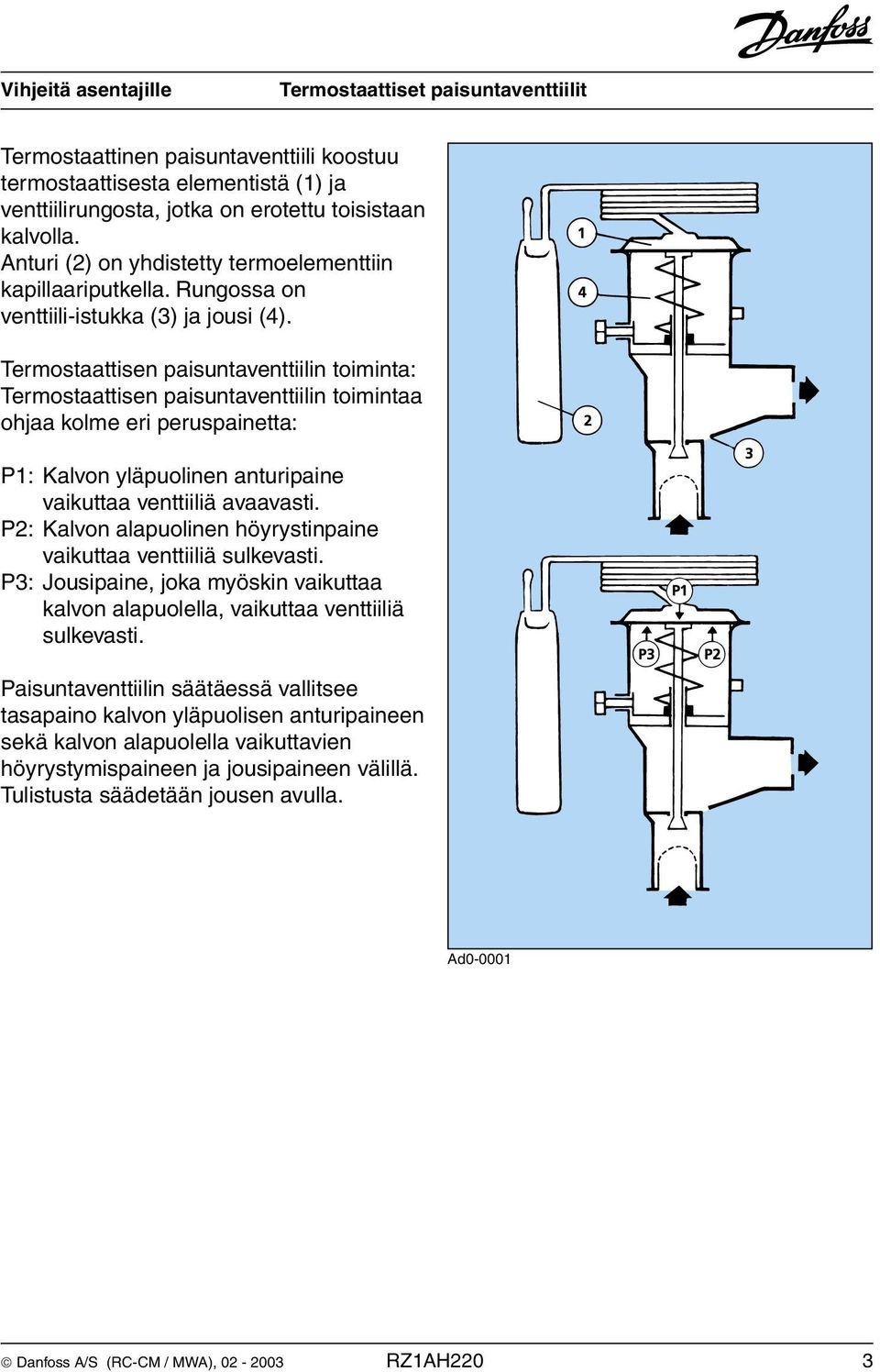 Termostaattisen paisuntaventtiilin toiminta: Termostaattisen paisuntaventtiilin toimintaa ohjaa kolme eri peruspainetta: P1: Kalvon yläpuolinen anturipaine vaikuttaa venttiiliä avaavasti.