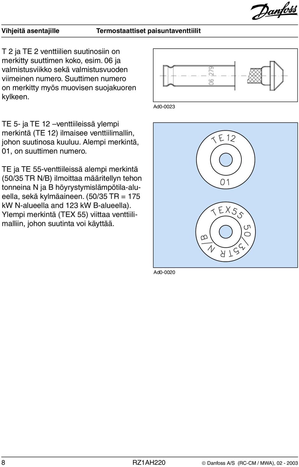 Ad0-0023 TE 5- ja TE 12 venttiileissä ylempi merkintä (TE 12) ilmaisee venttiilimallin, johon suutinosa kuuluu. Alempi merkintä, 01, on suuttimen numero.