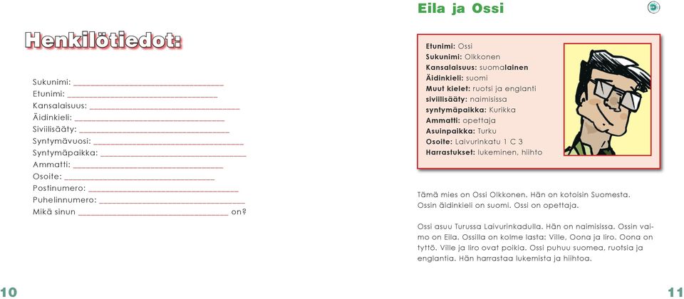 Turku Osoite: Laivurinkatu 1 C 3 Harrastukset: lukeminen, hiihto Tämä mies on Ossi Olkkonen. Hän on kotoisin Suomesta. Ossin äidinkieli on suomi. Ossi on opettaja.