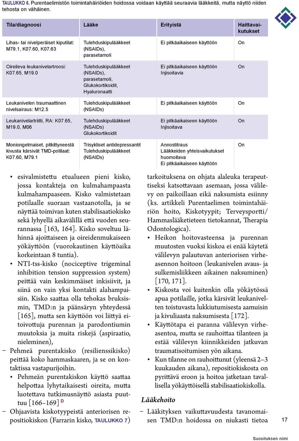 63 Tulehduskipulääkkeet (NSAIDs), parasetamoli Ei pitkäaikaiseen käyttöön On Oireileva leukanivelartroosi: K07.65, M19.