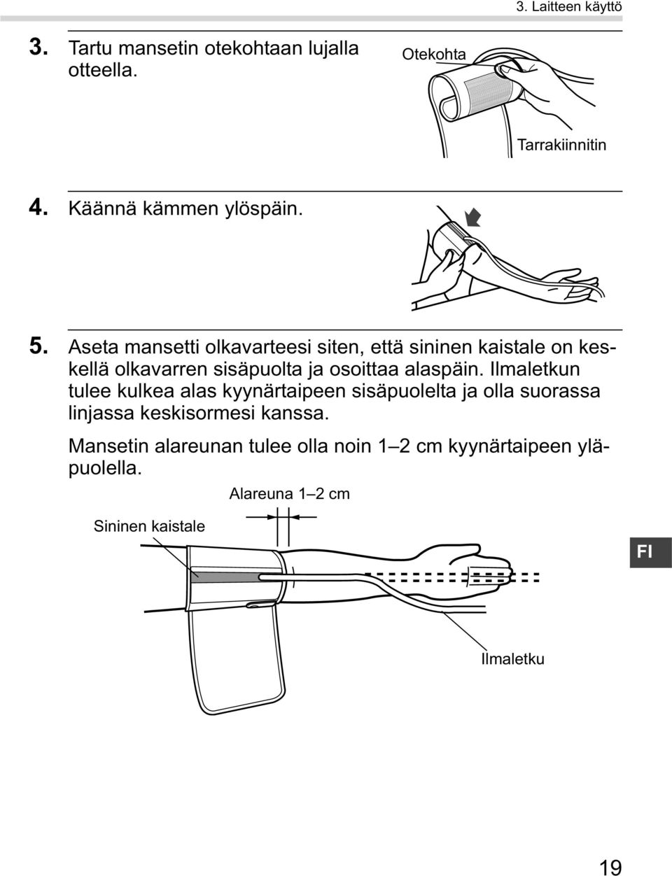 Aseta mansetti olkavarteesi siten, että sininen kaistale on keskellä olkavarren sisäpuolta ja osoittaa alaspäin.