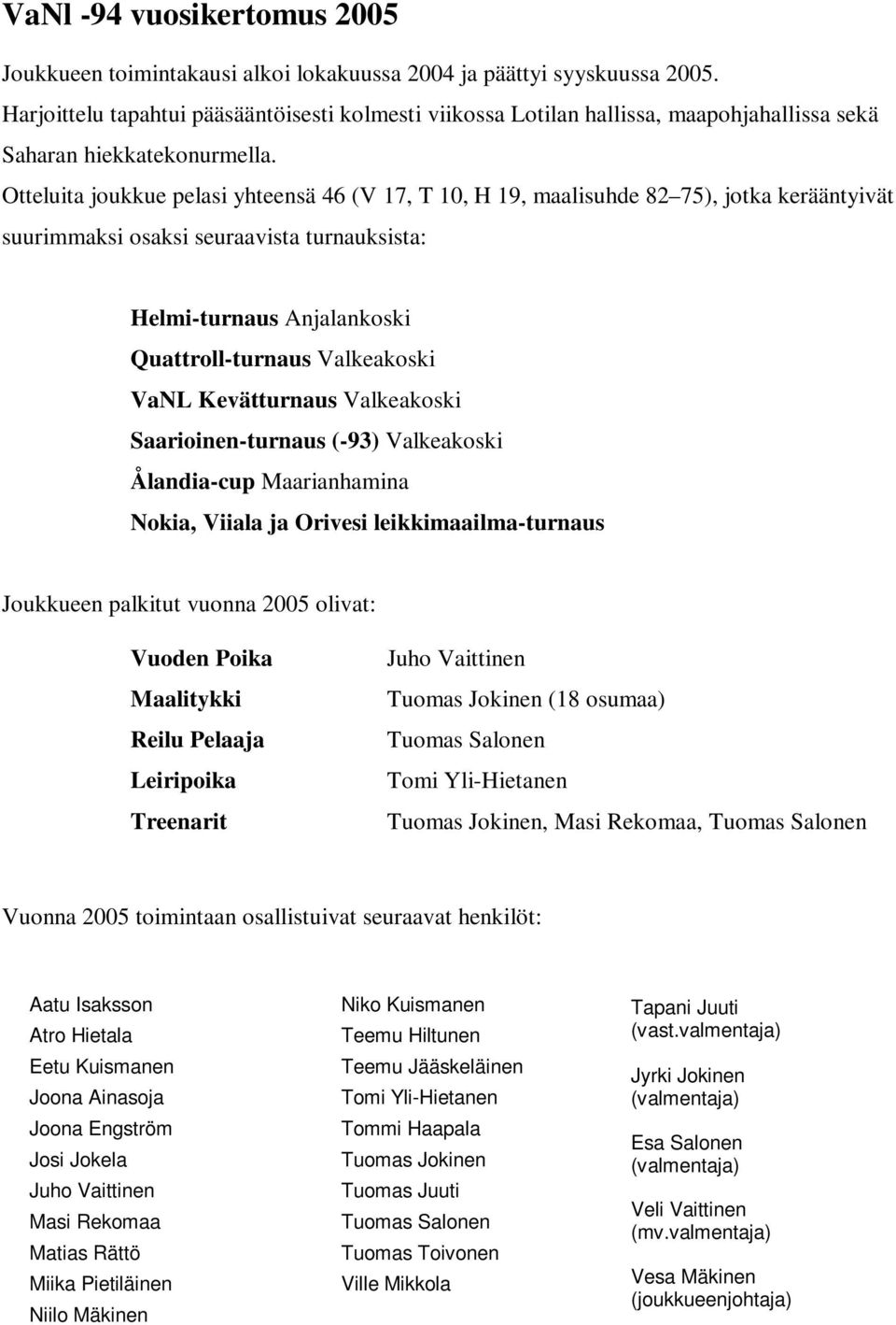 Otteluita joukkue pelasi yhteensä 46 (V 17, T 10, H 19, maalisuhde 82 75), jotka kerääntyivät suurimmaksi osaksi seuraavista turnauksista: Helmi-turnaus Anjalankoski Quattroll-turnaus Valkeakoski