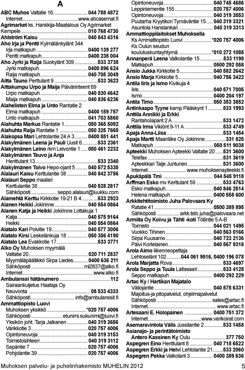 .. 0400 896 624 Raija matkapuh... 040 705 3049 Aitta Tauno Perttulant 9...533 3623 Aittakumpu Urpo ja Maija Päivärinteent 69 Urpo matkapuh... 040 830 4642 Maija matkapuh.