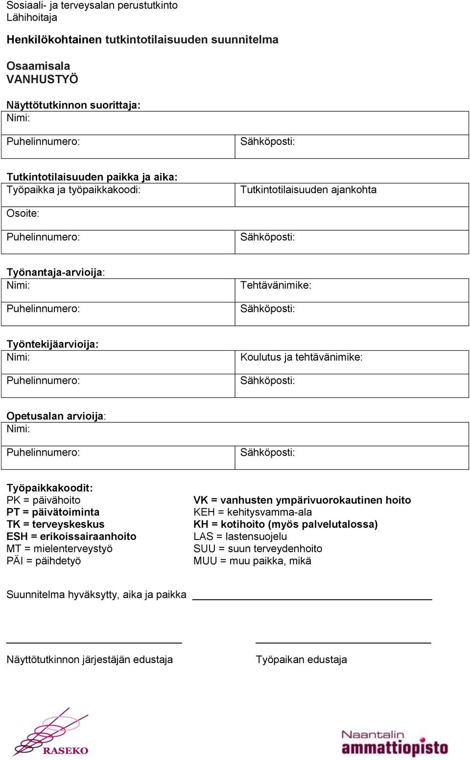 PT = päivätoiminta TK = terveyskeskus ESH = erikoissairaanhoito MT = mielenterveystyö PÄI = päihdetyö VK = vanhusten ympärivuorokautinen hoito KEH = kehitysvamma-ala KH =