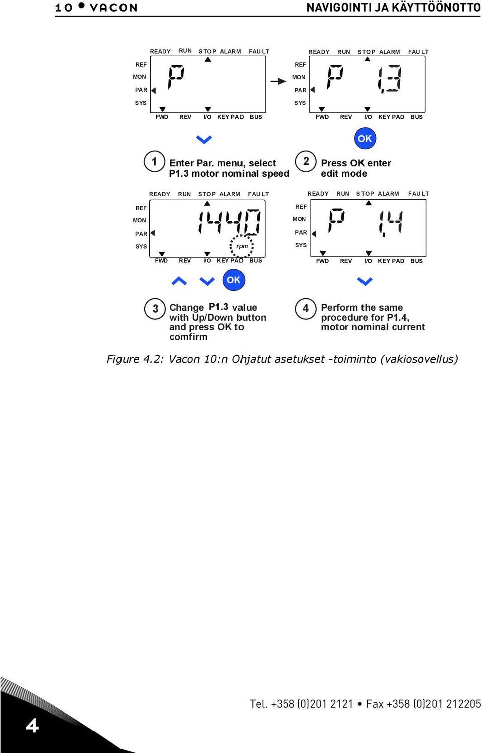 3 motor nominal speed 2 OK Press OK enter edit mode READY RUN STOP ALARM FAU LT READY RUN STOP ALARM FAU LT REF MON PAR SYS rpm REF MON PAR SYS FWD REV I/O