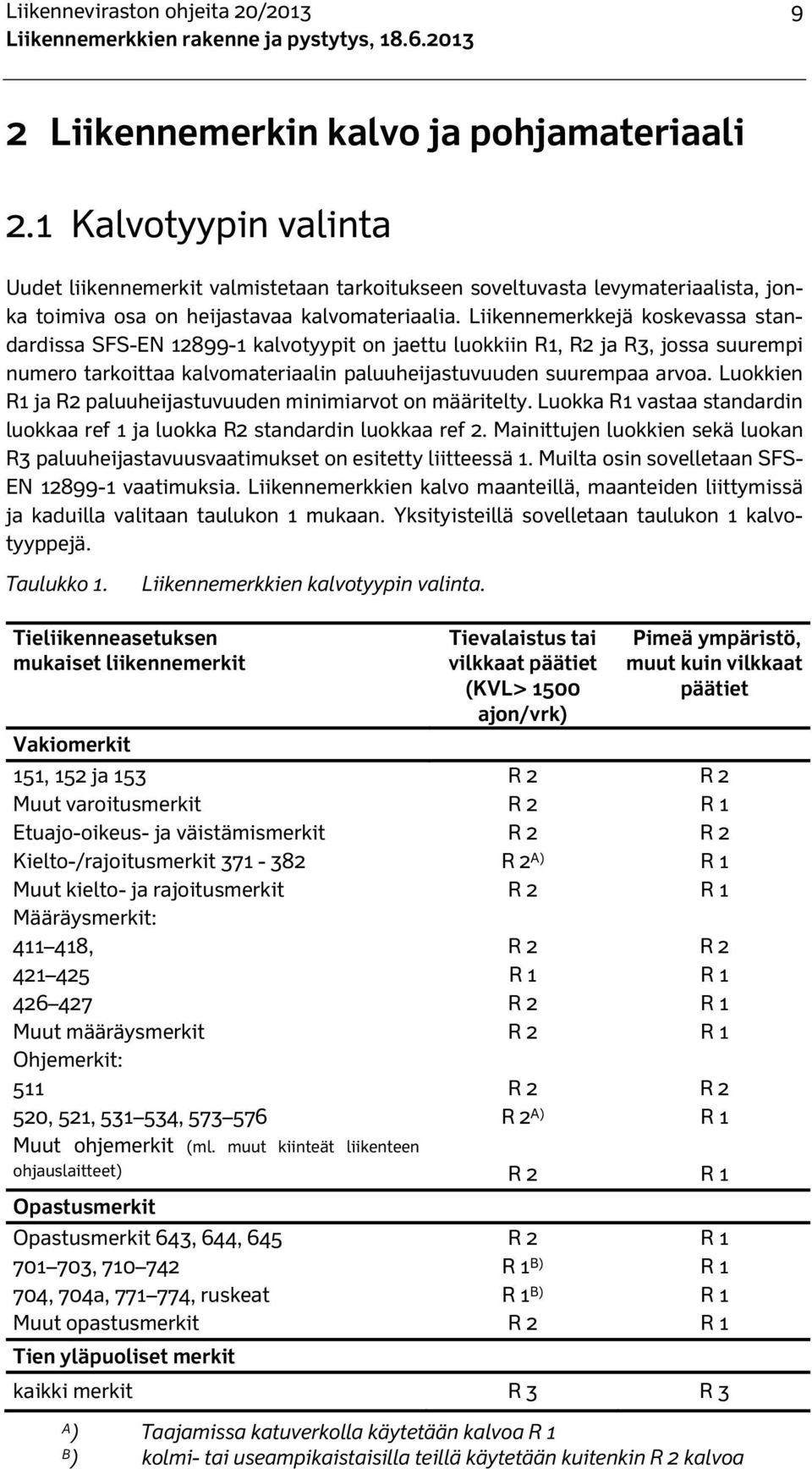 Liikennemerkkejä koskevassa standardissa SFS-EN 12899-1 kalvotyypit on jaettu luokkiin R1, R2 ja R3, jossa suurempi numero tarkoittaa kalvomateriaalin paluuheijastuvuuden suurempaa arvoa.