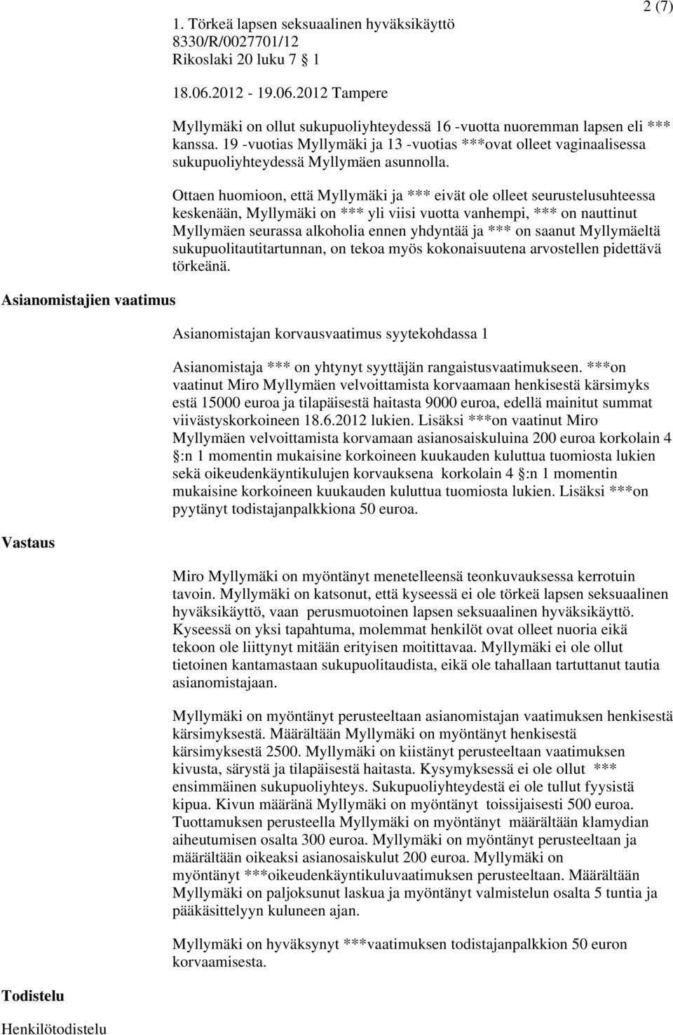 19 -vuotias Myllymäki ja 13 -vuotias ***ovat olleet vaginaalisessa sukupuoliyhteydessä Myllymäen asunnolla.