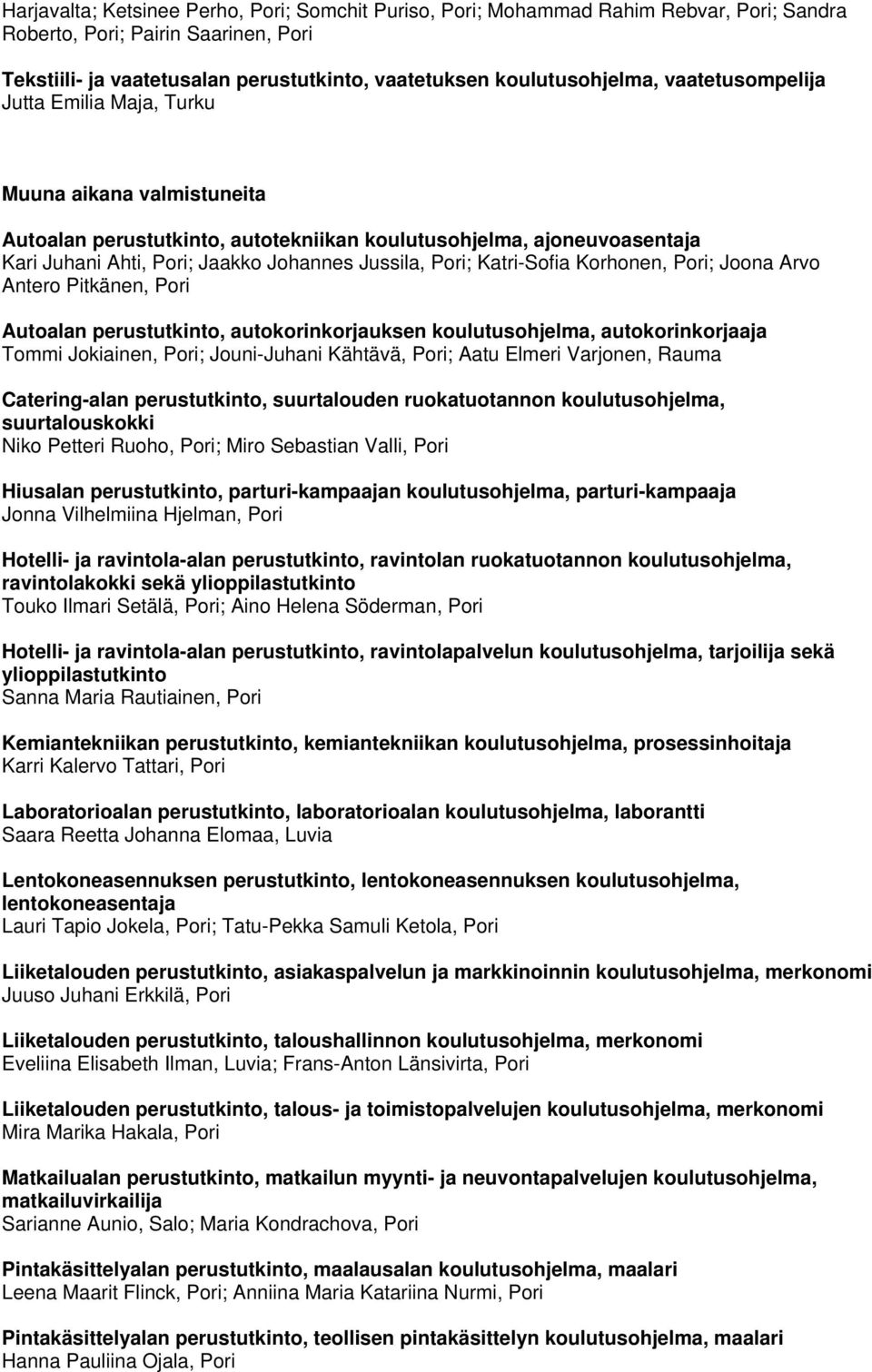 Katri-Sofia Korhonen, Pori; Joona Arvo Antero Pitkänen, Pori Autoalan perustutkinto, autokorinkorjauksen koulutusohjelma, autokorinkorjaaja Tommi Jokiainen, Pori; Jouni-Juhani Kähtävä, Pori; Aatu