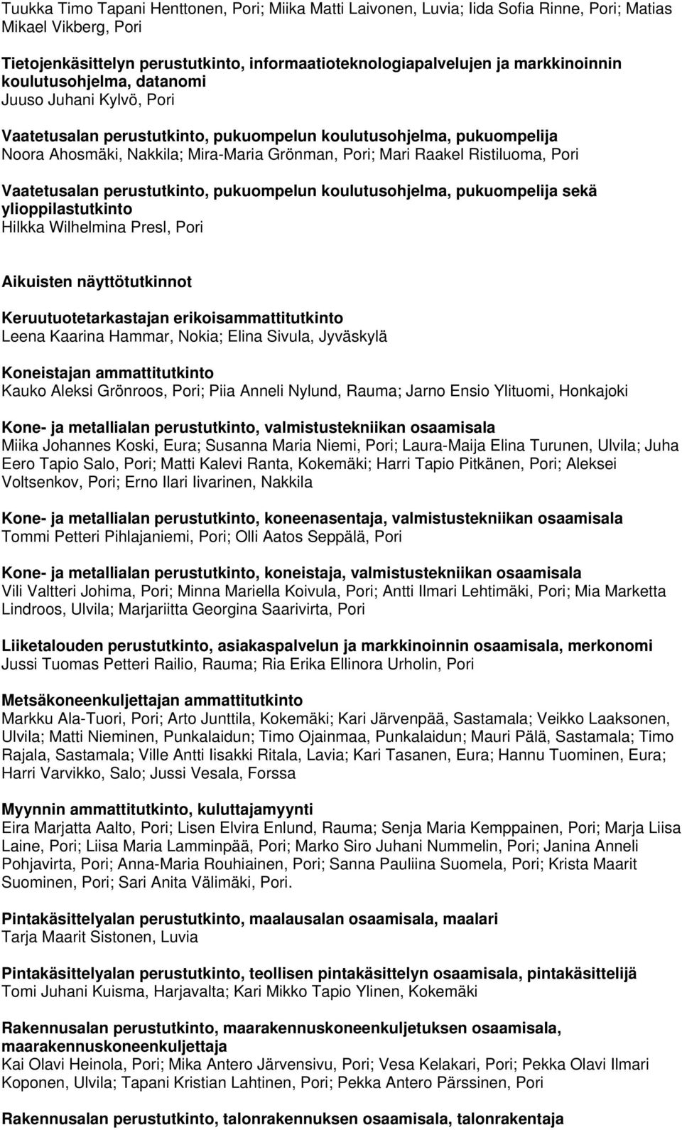 Pori Vaatetusalan perustutkinto, pukuompelun koulutusohjelma, pukuompelija sekä Hilkka Wilhelmina Presl, Pori Aikuisten näyttötutkinnot Keruutuotetarkastajan erikoisammattitutkinto Leena Kaarina
