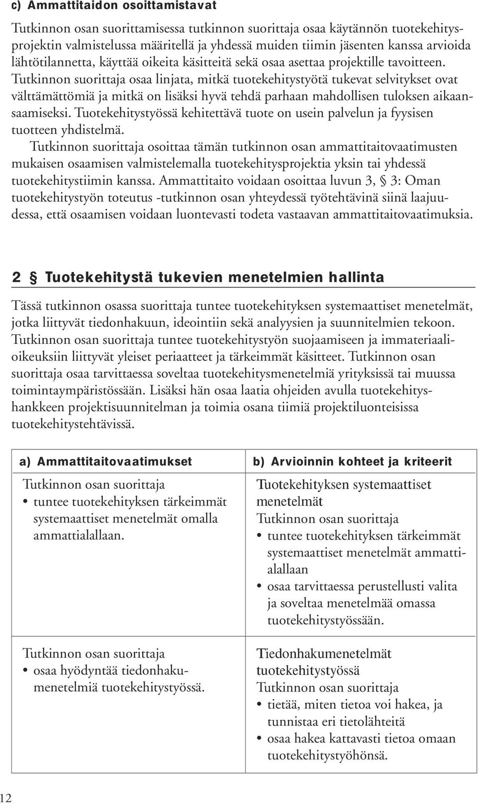 Tutkinnon suorittaja osaa linjata, mitkä tuotekehitystyötä tukevat selvitykset ovat välttämättömiä ja mitkä on lisäksi hyvä tehdä parhaan mahdollisen tuloksen aikaansaamiseksi.