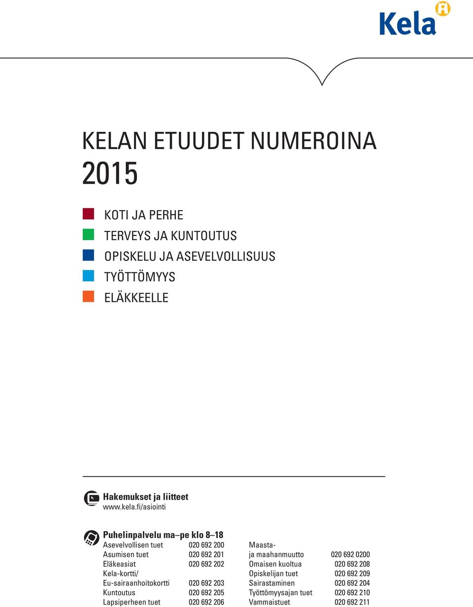 fi/asiointi Puhelinpalvelu ma pe klo 8 18 Asevelvollisen tuet 020 692 200 Asumisen tuet 020 692 201 Eläkeasiat 020 692 202 Kela-kortti/