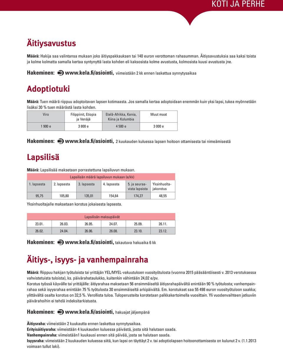 fi/asiointi, viimeistään 2 kk ennen laskettua synnytysaikaa Adoptiotuki Määrä: Tuen määrä riippuu adoptoitavan lapsen kotimaasta.