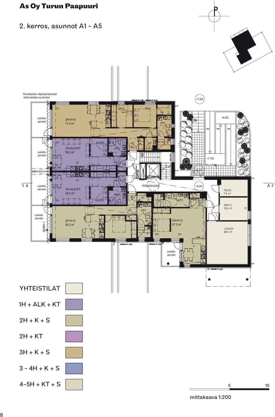 430 A 28dBA-1 T 1H+AL+T 38.0 m² 2H++ 56.0 m² ALOVI A3 A2 PORRAHUONE MH 2H++ 47.0 m² +8.450 A TALOV.