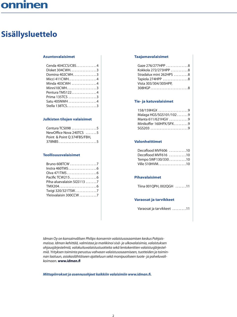 ............... 5 NewOffice Nova 240TCS....... 5 Point & Point Q 374FBS/FBH, 378NBS........................ 5 Teollisuusvalaisimet Bruno 608TCW................. 7 Instra 460TMS.................. 6 Oiva 471TMS.