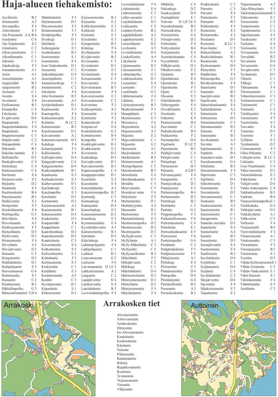 C 4 Eskolantie E 4 Evajärventie D 6 Haajastentie F 5 Haapalanlahdentie F 4 Haapalantie F 4 Haapaniementie C 5 Hahjärventie C 2 Hakaperäntie C 4 Hakiantie B 3 Hakolan rantatie E 3 Hallinkallio D 2