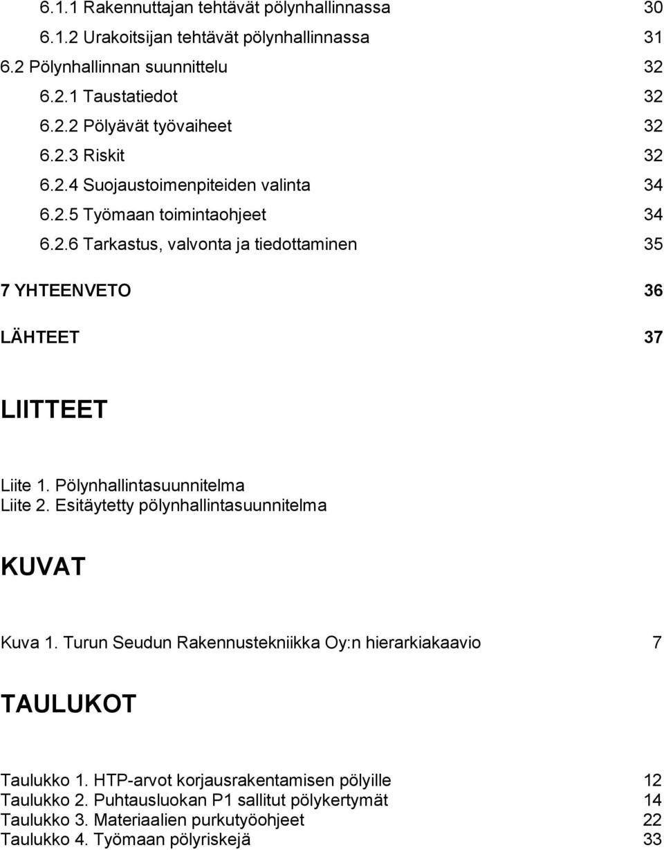 Pölynhallintasuunnitelma Liite 2. Esitäytetty pölynhallintasuunnitelma KUVAT Kuva 1. Turun Seudun Rakennustekniikka Oy:n hierarkiakaavio 7 TAULUKOT Taulukko 1.