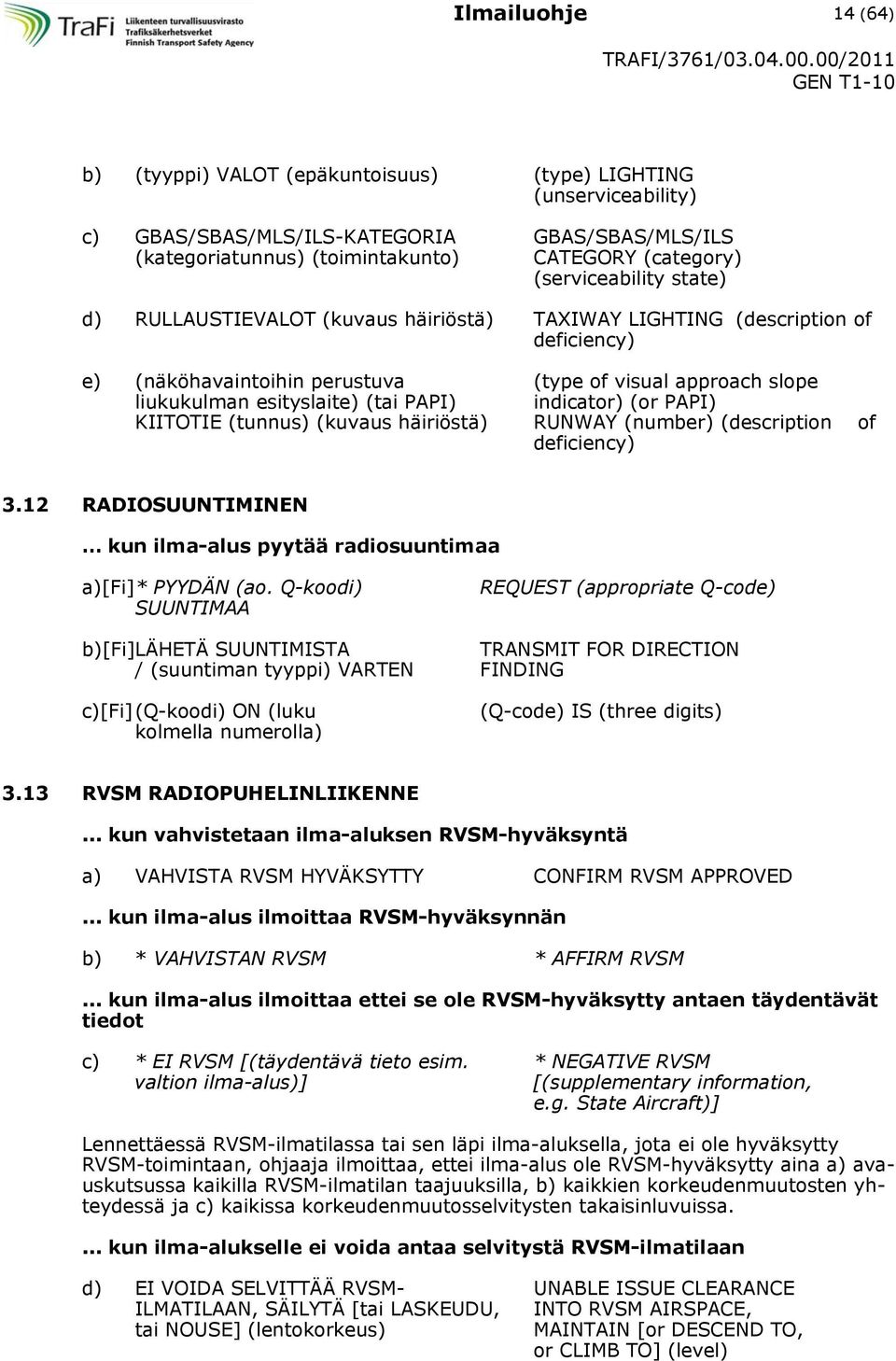 PAPI) indicator) (or PAPI) KIITOTIE (tunnus) (kuvaus häiriöstä) RUNWAY (number) (description of deficiency) 3.12 RADIOSUUNTIMINEN kun ilma-alus pyytää radiosuuntimaa a)[fi] * PYYDÄN (ao.