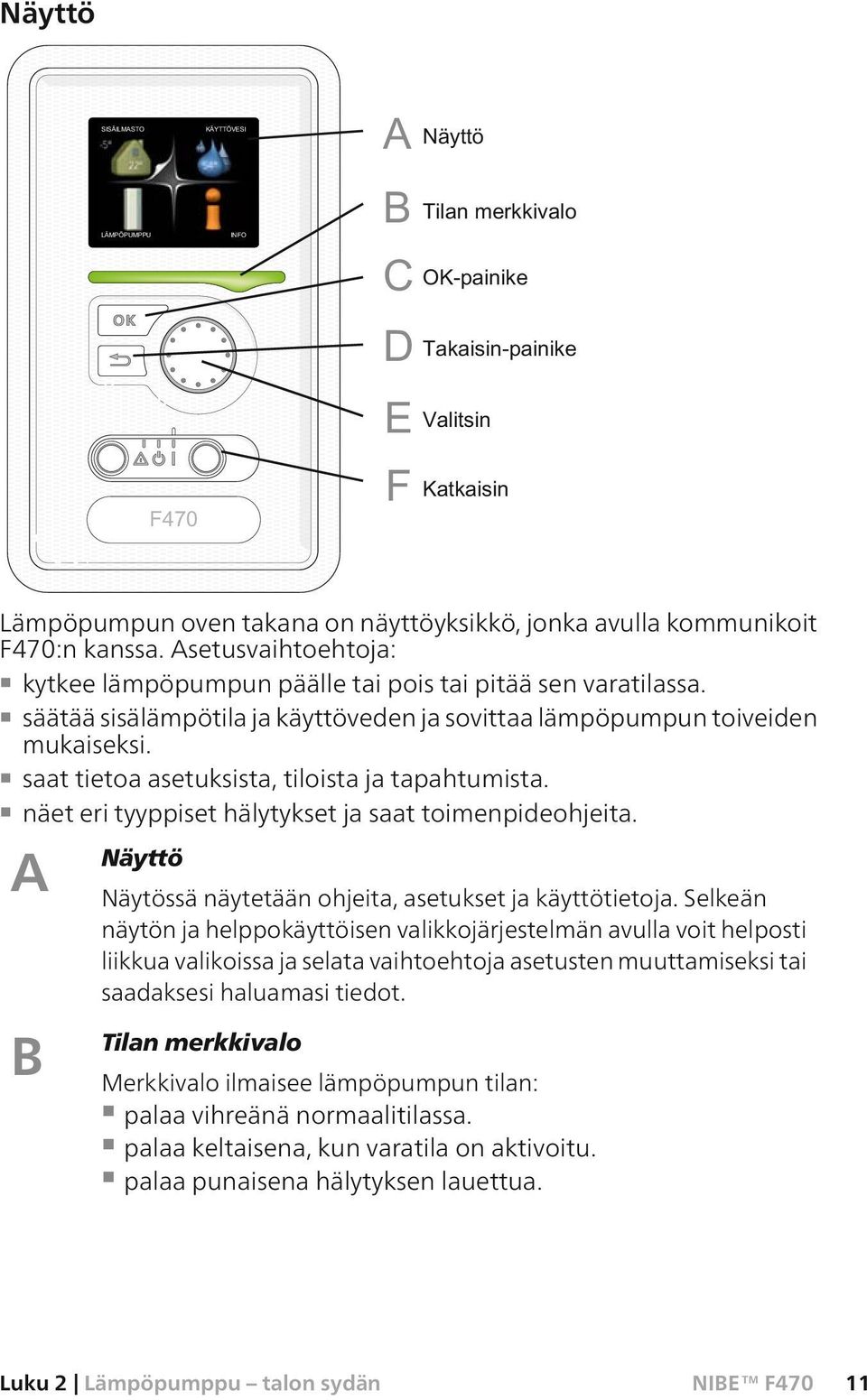 A Näyttö Näytössä näytetään ohjeita, asetukset ja käyttötietoja.