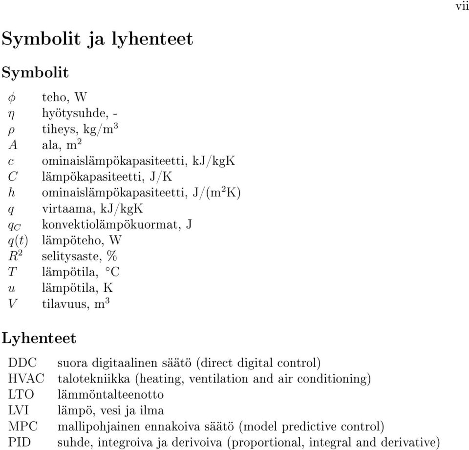 tilavuus, m 3 Lyhenteet DDC HVAC LTO LVI MPC PID suora digitaalinen säätö (direct digital control) talotekniikka (heating, ventilation and air conditioning)