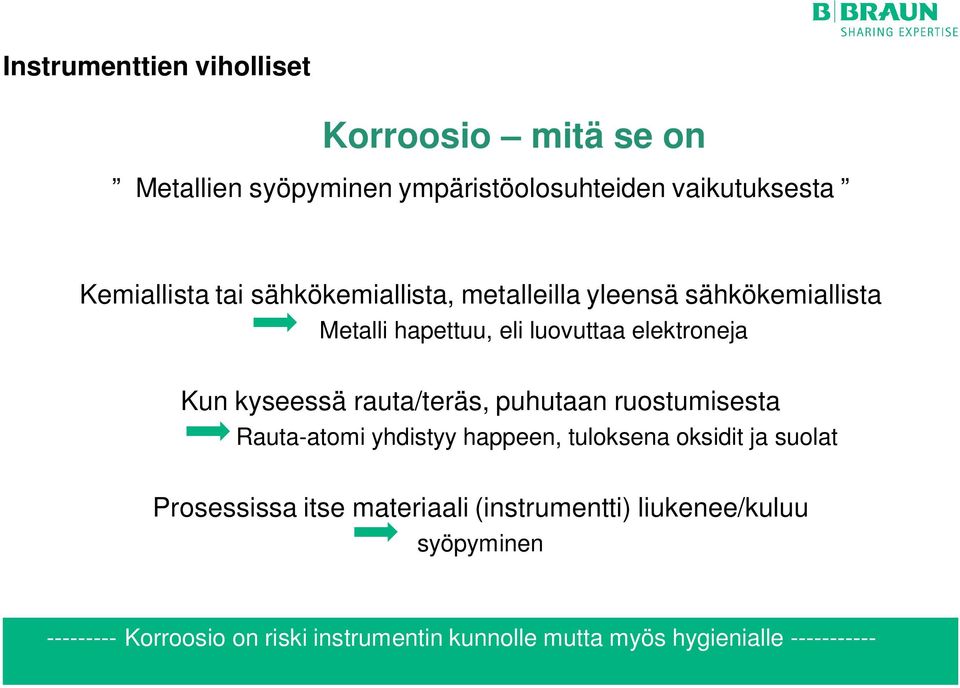 rauta/teräs, puhutaan ruostumisesta Rauta-atomi yhdistyy happeen, tuloksena oksidit ja suolat Prosessissa itse