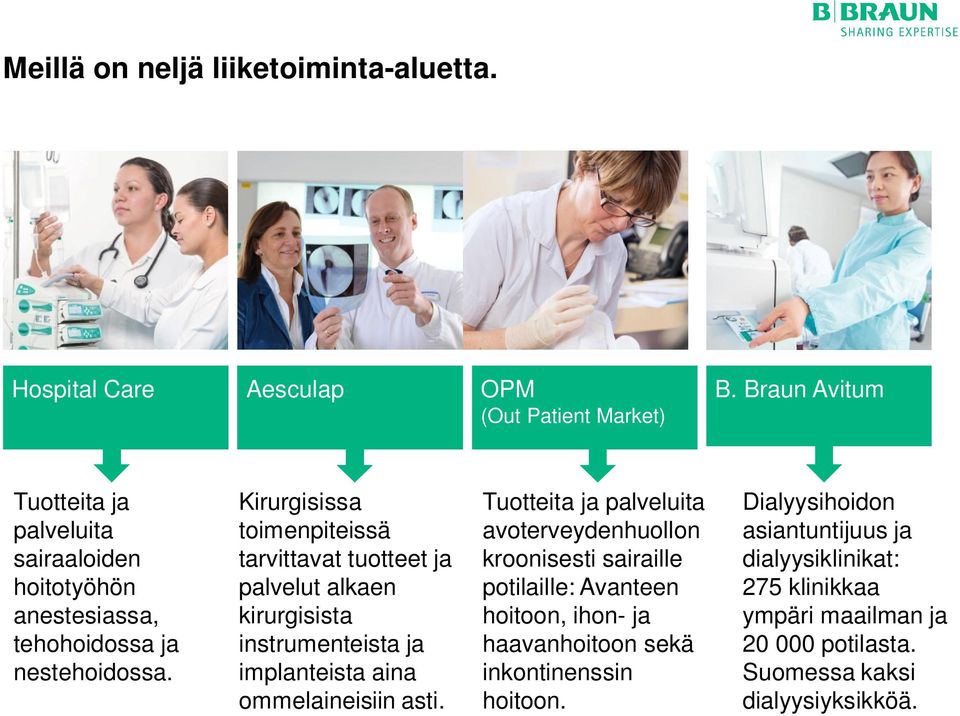 Kirurgisissa toimenpiteissä tarvittavat tuotteet ja palvelut alkaen kirurgisista instrumenteista ja implanteista aina ommelaineisiin asti.