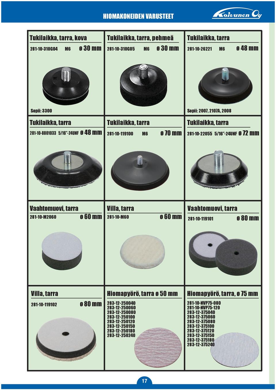 tarra 281-10-M60 ø 60 mm Vaahtomuovi, tarra 281-10-119101 ø 80 mm Villa, tarra Hiomapyörö, tarra ø 50 mm Hiomapyörö, tarra, ø 75 mm 281-10-119102 ø 80 mm 283-12-250040 283-12-250060 283-12-250080