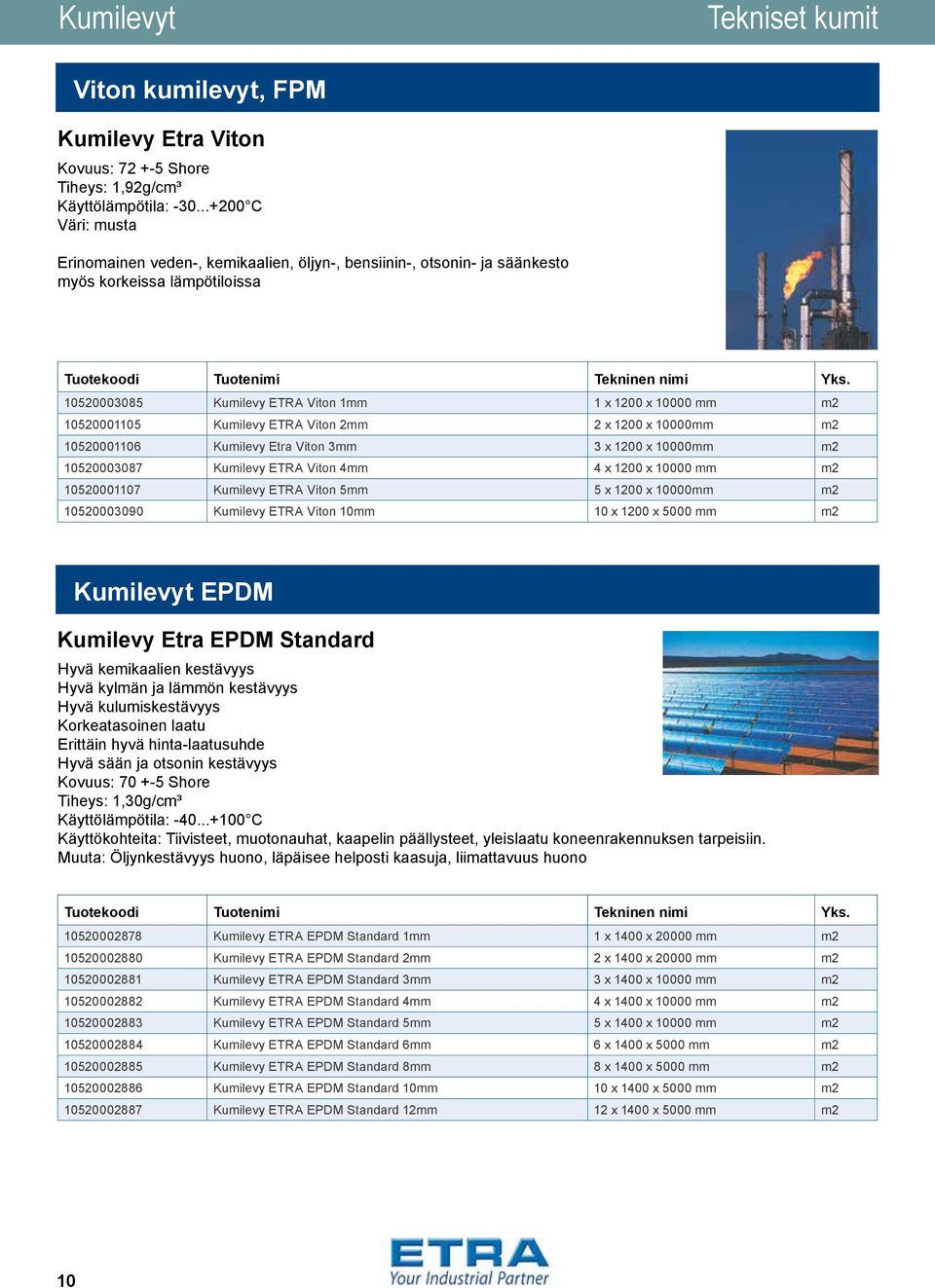 Kumilevy ETRA Viton 2mm 2 x 1200 x 10000mm m2 10520001106 Kumilevy Etra Viton 3mm 3 x 1200 x 10000mm m2 10520003087 Kumilevy ETRA Viton 4mm 4 x 1200 x 10000 mm m2 10520001107 Kumilevy ETRA Viton 5mm