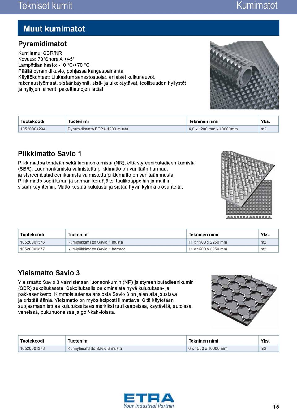 ETRA 1200 musta 4,0 x 1200 mm x 10000mm m2 Piikkimatto Savio 1 Piikkimattoa tehdään sekä luonnonkumista (NR), että styreenibutadieenikumista (SBR).