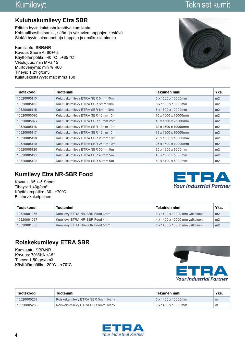 Kulutuskumilevy ETRA SBR 5mm 10m 5 x 1500 x 10000mm m2 10520005105 Kulutuskumilevy ETRA SBR 6mm 10m 6 x 1500 x 10000mm m2 10520005115 Kulutuskumilevy ETRA SBR 8mm 10m 8 x 1500 x 10000mm m2