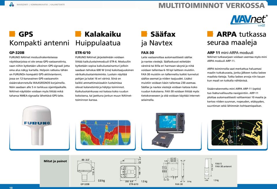 Sääfaxkuvat esitetään ARP 11 mini-arpa moduuli NAVnet tutkasarjaan voidaan asentaa myös mini ARPA moduuli ARP-11. vaan niihin kytketään ulkoinen GPS-signaali jotta oma alus näkyy kartalla.