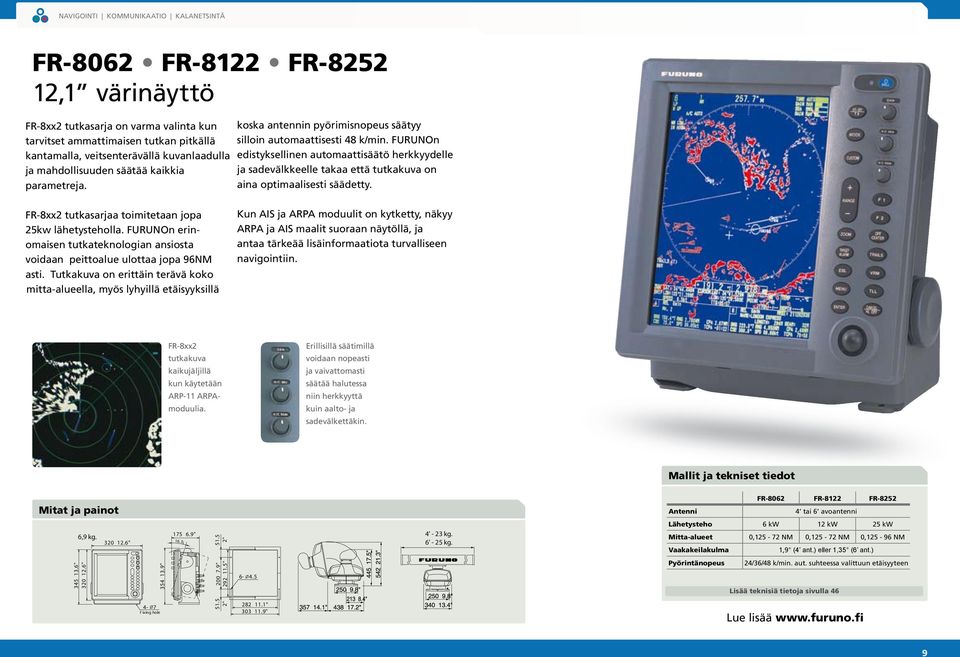 FURUNOn edistyksellinen automaattisäätö herkkyydelle ja sadevälkkeelle takaa että tutkakuva on aina optimaalisesti säädetty. FR-8xx2 tutkasarjaa toimitetaan jopa 25kw lähetysteholla.