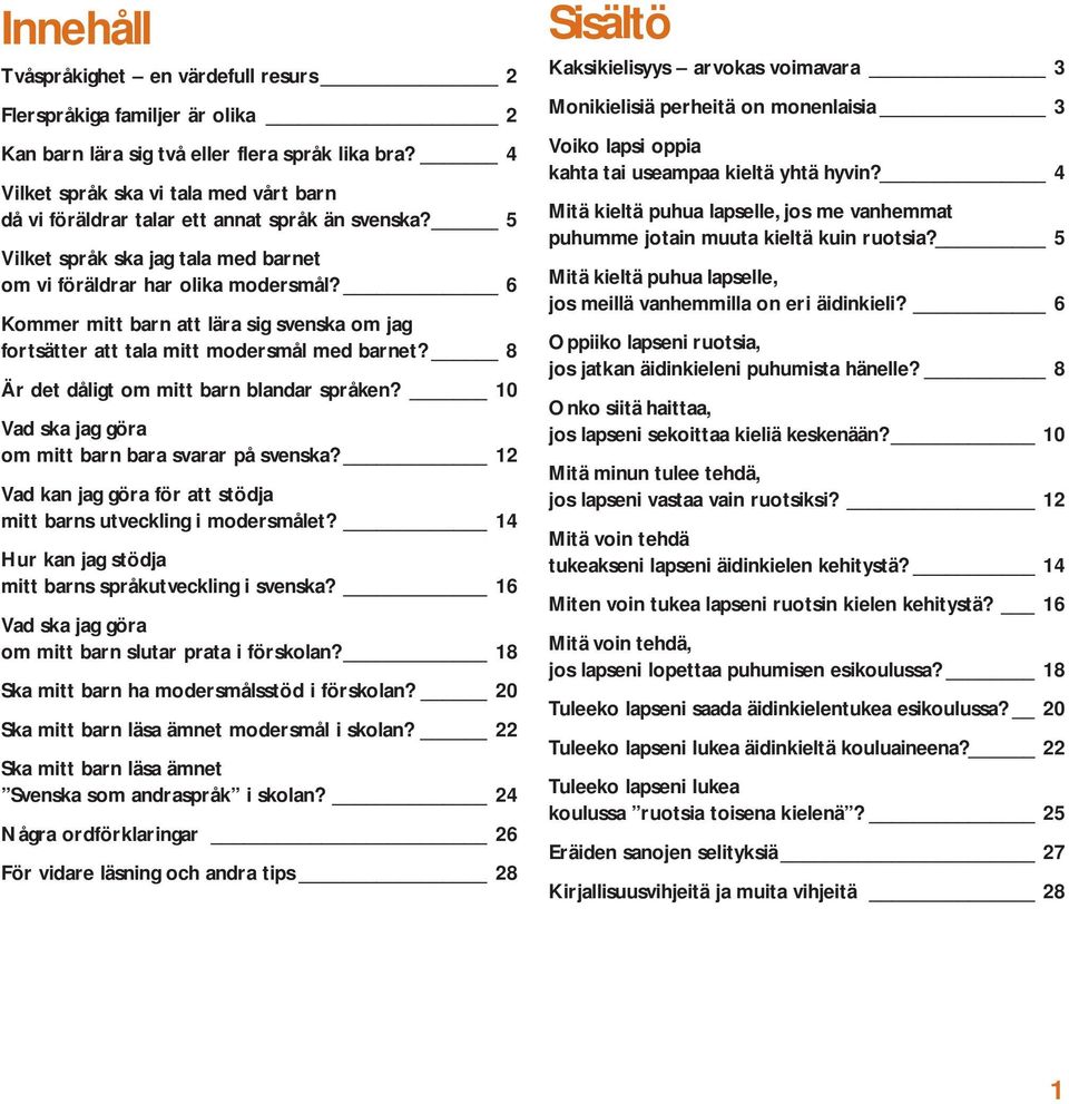 6 Kommer mitt barn att lära sig svenska om jag fortsätter att tala mitt modersmål med barnet? 8 Är det dåligt om mitt barn blandar språken? 10 Vad ska jag göra om mitt barn bara svarar på svenska?