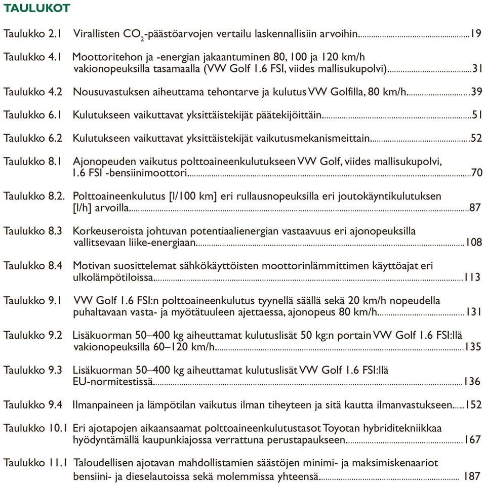 2 Nousuvastuksen aiheuttama tehontarve ja kulutus VW Golfilla, 80 km/h...39 Taulukko 6.1 Kulutukseen vaikuttavat yksittäistekijät päätekijöittäin...51 Taulukko 6.