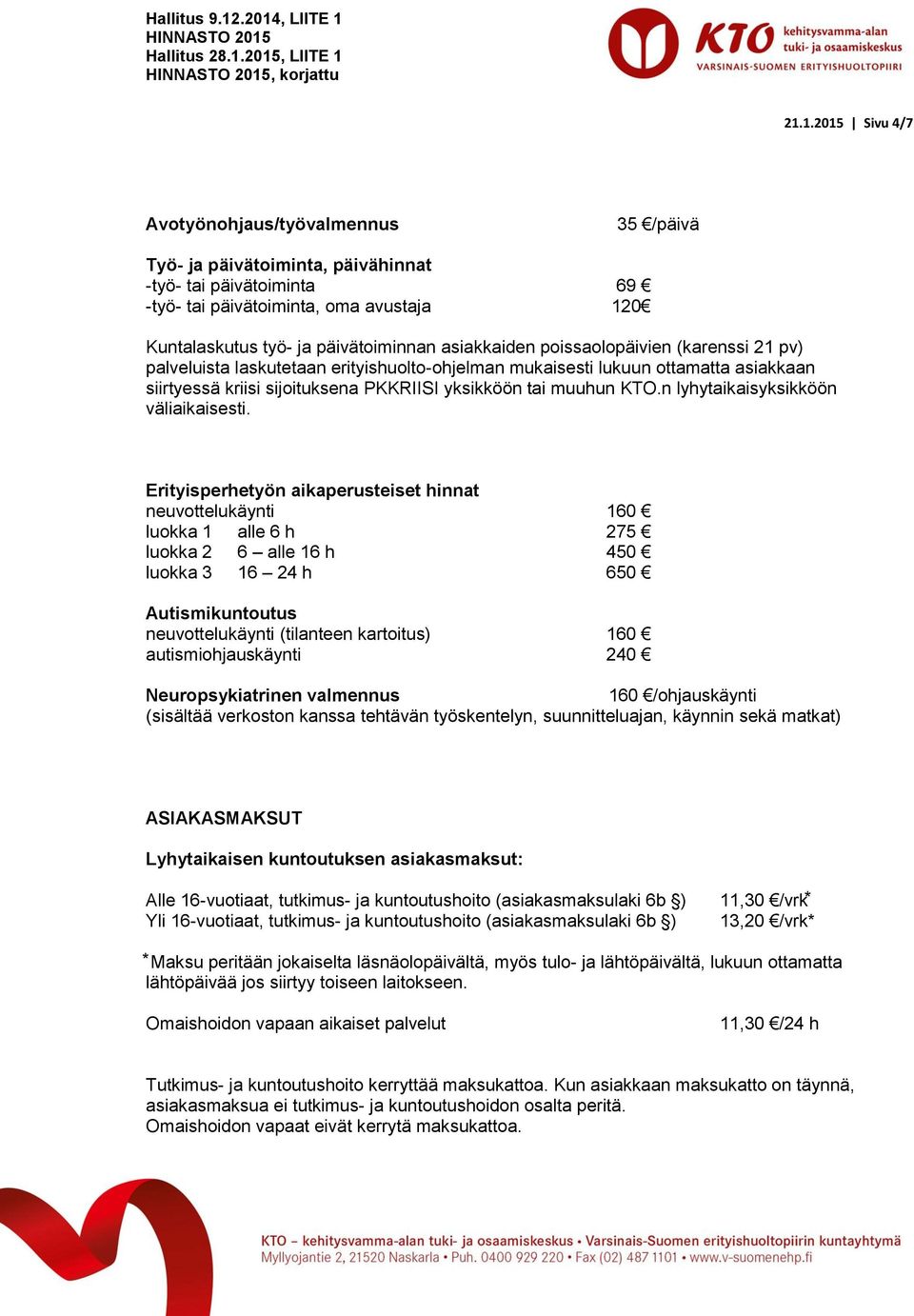 asiakkaiden poissaolopäivien (karenssi 21 pv) palveluista laskutetaan erityishuolto-ohjelman mukaisesti lukuun ottamatta asiakkaan siirtyessä kriisi sijoituksena PKKRIISI yksikköön tai muuhun KTO.