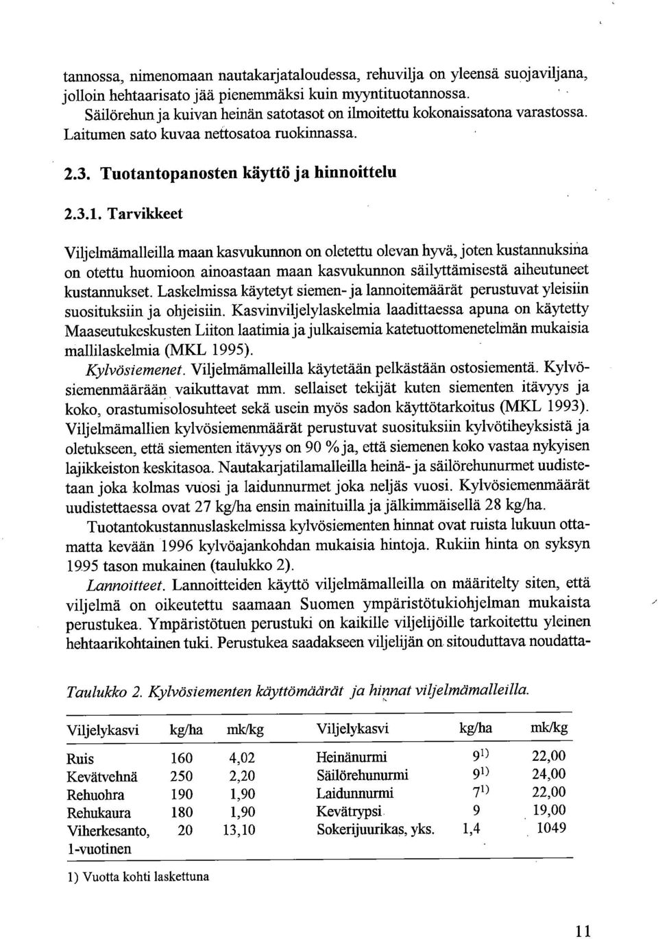 Tarvikkeet Viljelmämalleilla maan kasvukunnon on oletettu olevan hyvä, jot kustannuksina on otettu huomioon ainoastaan maan kasvukunnon säilyttämisestä aiheutuneet kustannukset.