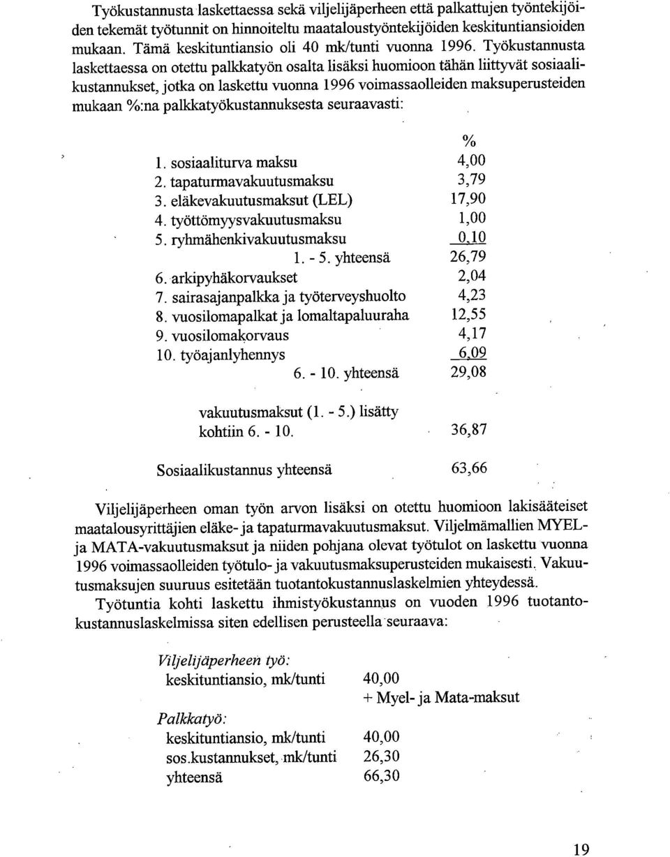 Työkustarmusta laskettaessa on otettu palkkatyön osalta lisäksi huomioon tähän liittyvät sosiaalikustannukset, jotka on laskettu vuonna 1996 voimassaolleid maksuperusteid mukaan %:na