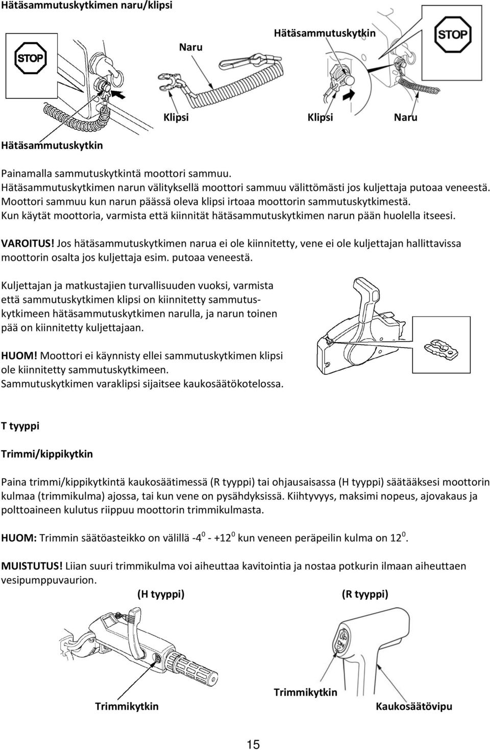 Kun käytät moottoria, varmista että kiinnität hätäsammutuskytkimen narun pään huolella itseesi. VAROITUS!