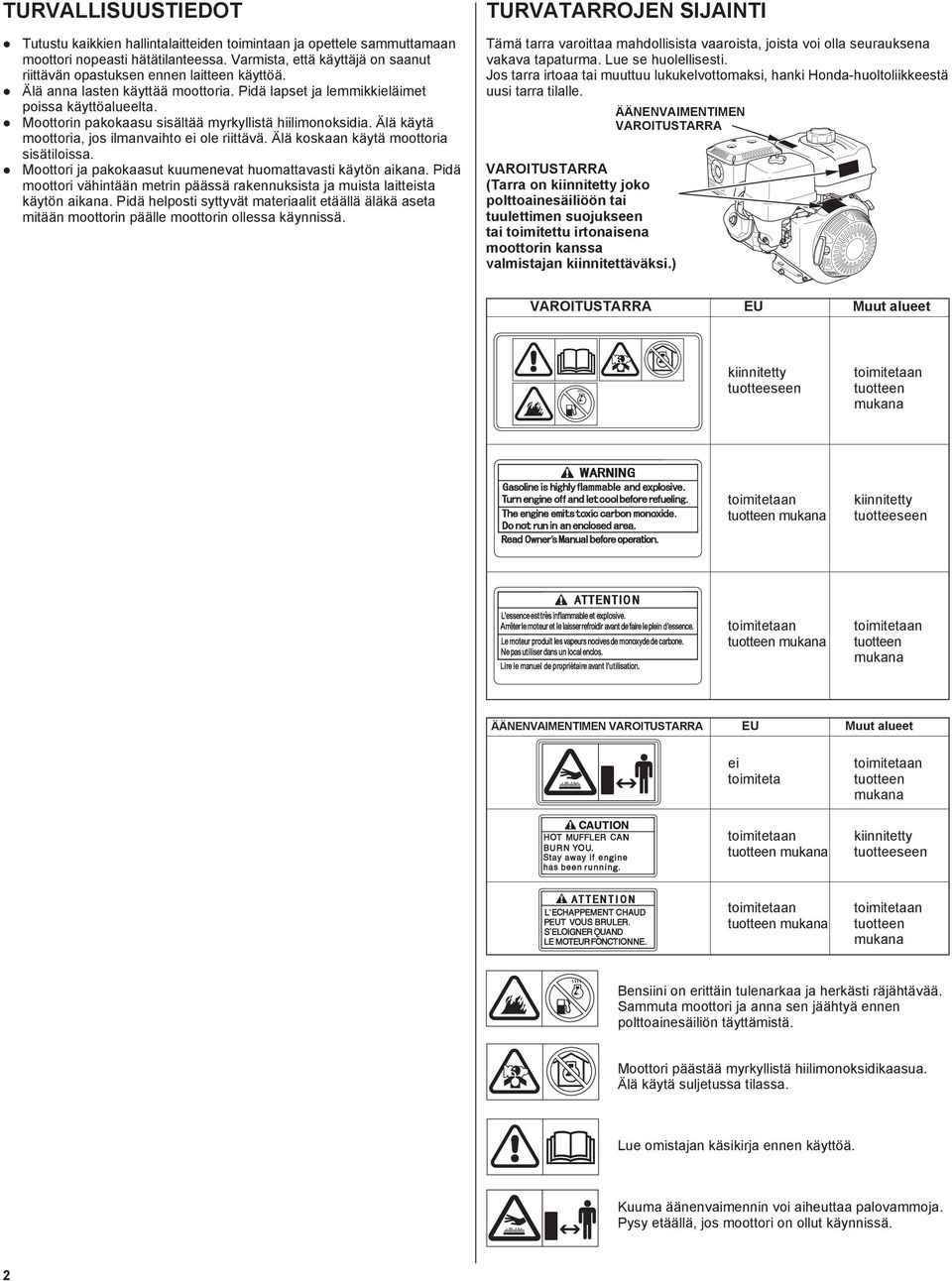 Moottorin pakokaasu sisältää myrkyllistä hiilimonoksidia. Älä käytä moottoria, jos ilmanvaihto ei ole riittävä. Älä koskaan käytä moottoria sisätiloissa.