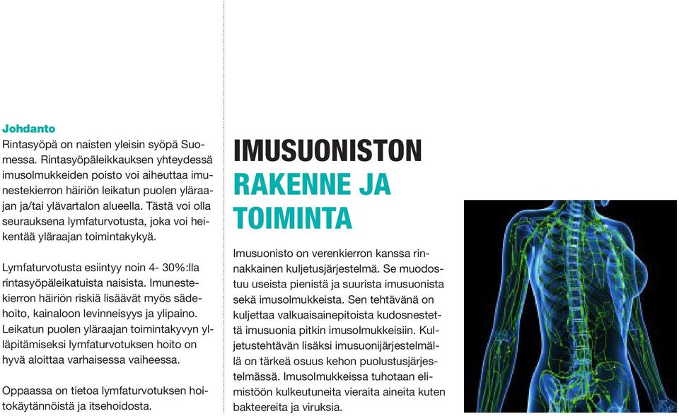 Tästä voi olla seurauksena lymfaturvotusta, joka voi heikentää yläraajan toimintakykyä. Lymfaturvotusta esiintyy noin 4-30%:lla rintasyöpäleikatuista naisista.