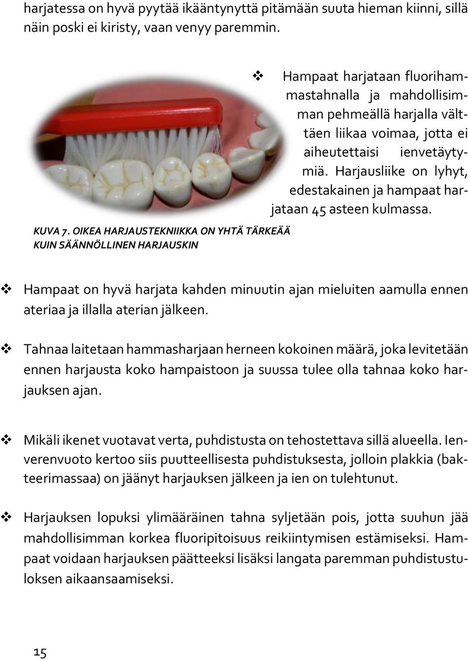 ienvetäytymiä. Harjausliike on lyhyt, edestakainen ja hampaat harjataan 45 asteen kulmassa. Hampaat on hyvä harjata kahden minuutin ajan mieluiten aamulla ennen ateriaa ja illalla aterian jälkeen.