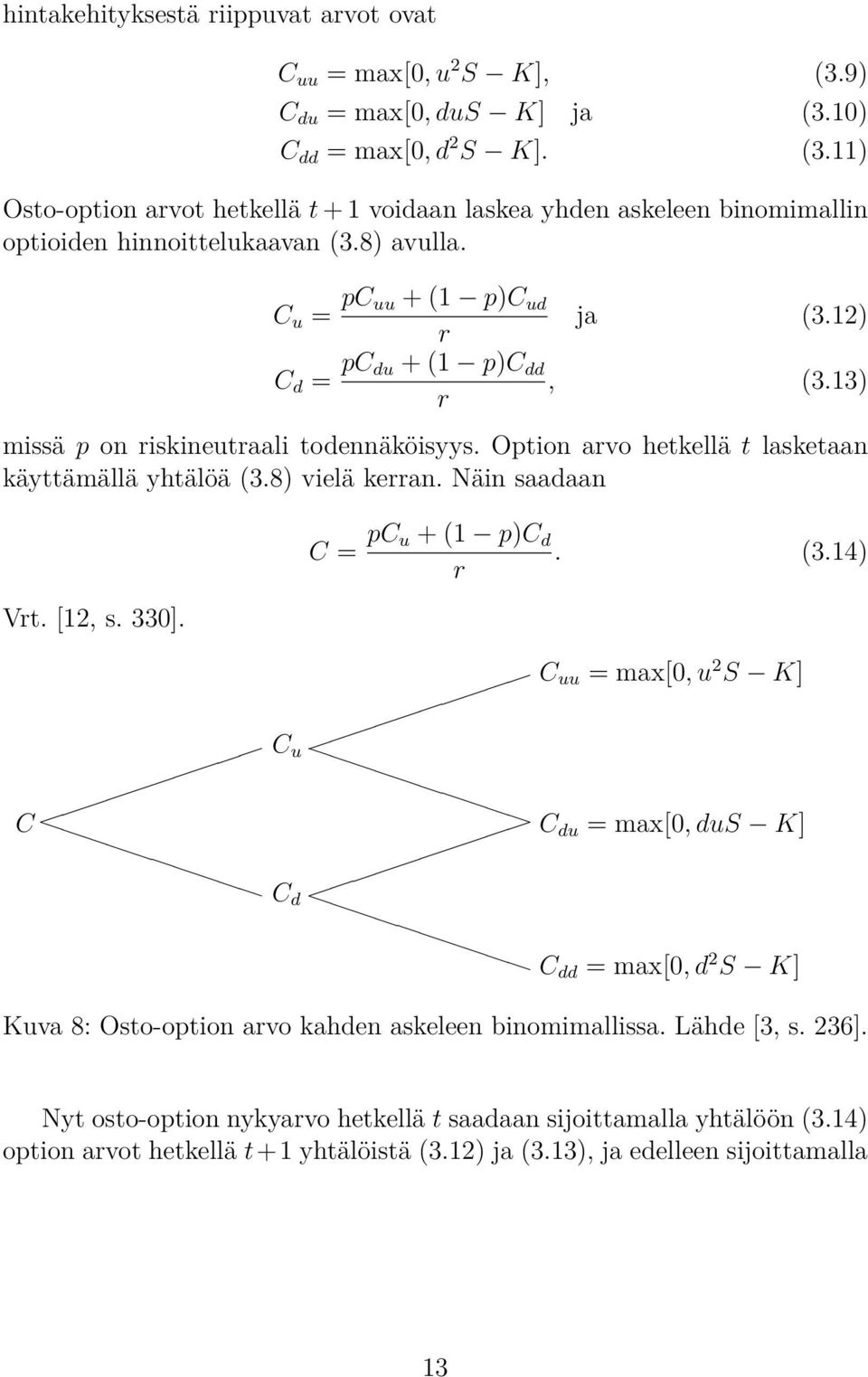 Näin saadaan Vrt. [12, s. 330]. C = pc u + (1 p)c d. (3.14) r C C u C d C uu = max[0, u 2 S K] C du = max[0, dus K] C dd = max[0, d 2 S K] Kuva 8: Osto-option arvo kahden askeleen binomimallissa.