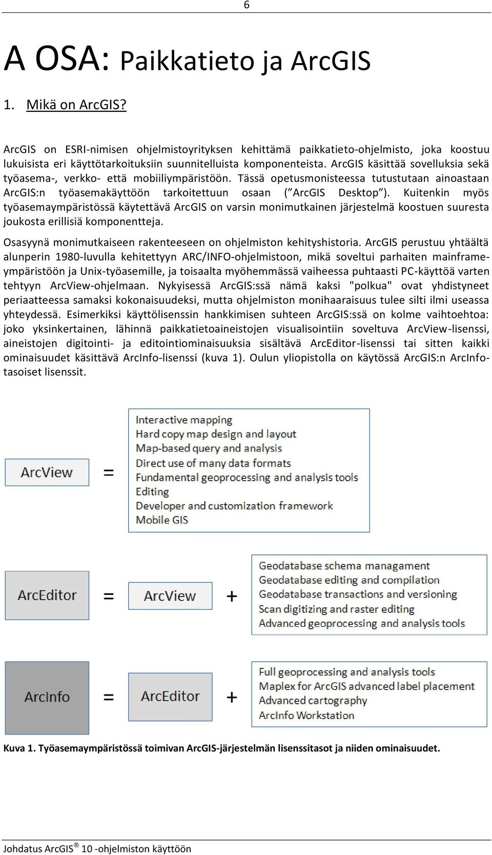 ArcGIS käsittää sovelluksia sekä työasema-, verkko- että mobiiliympäristöön. Tässä opetusmonisteessa tutustutaan ainoastaan ArcGIS:n työasemakäyttöön tarkoitettuun osaan ( ArcGIS Desktop ).