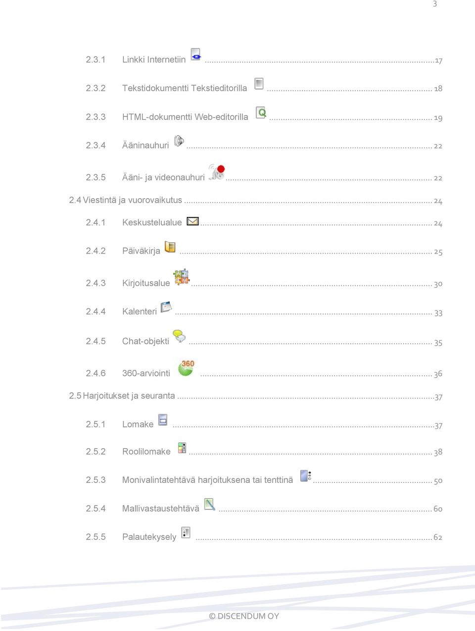 .. 30 2.4.4 Kalenteri... 33 2.4.5 Chat-objekti... 35 2.4.6 360-arviointi... 36 2.5 Harjoitukset ja seuranta... 37 2.5.1 Lomake... 37 2.5.2 Roolilomake.