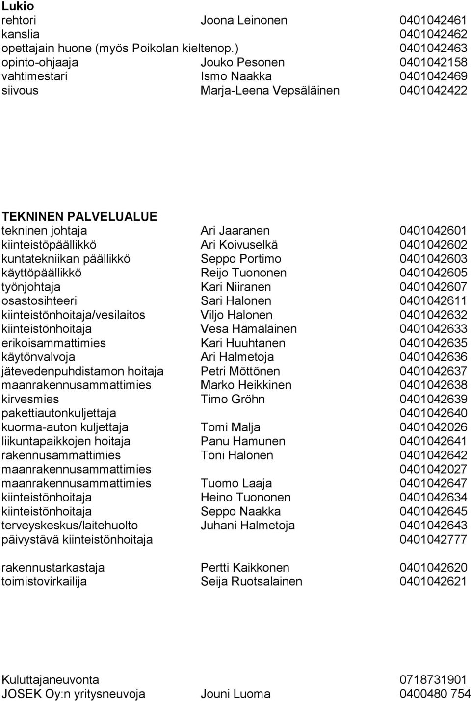 kiinteistöpäällikkö Ari Koivuselkä 0401042602 kuntatekniikan päällikkö Seppo Portimo 0401042603 käyttöpäällikkö Reijo Tuononen 0401042605 työnjohtaja Kari Niiranen 0401042607 osastosihteeri Sari