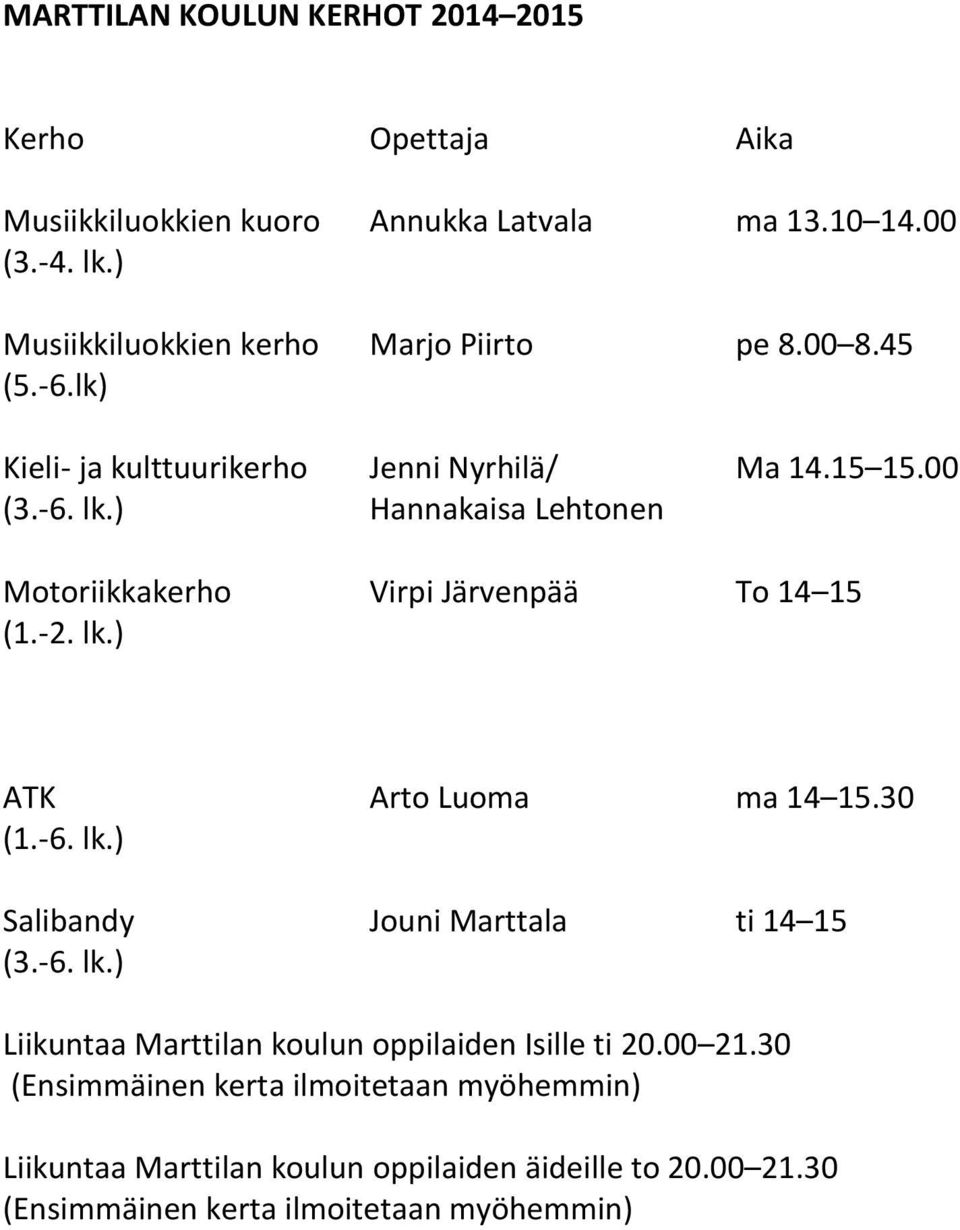 ) Hannakaisa Lehtonen Motoriikkakerho Virpi Järvenpää To 14 15 (1.-2. lk.) ATK Arto Luoma ma 14 15.30 (1.-6. lk.) Salibandy Jouni Marttala ti 14 15 (3.