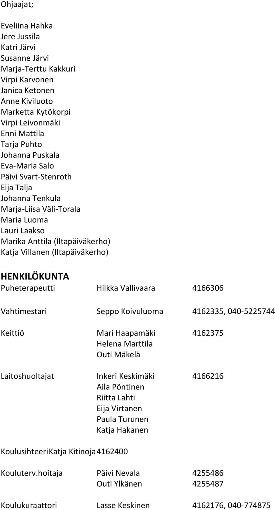 Puheterapeutti Hilkka Vallivaara 4166306 Vahtimestari Seppo Koivuluoma 4162335, 040-5225744 Keittiö Mari Haapamäki 4162375 Helena Marttila Outi Mäkelä Laitoshuoltajat Inkeri Keskimäki 4166216 Aila